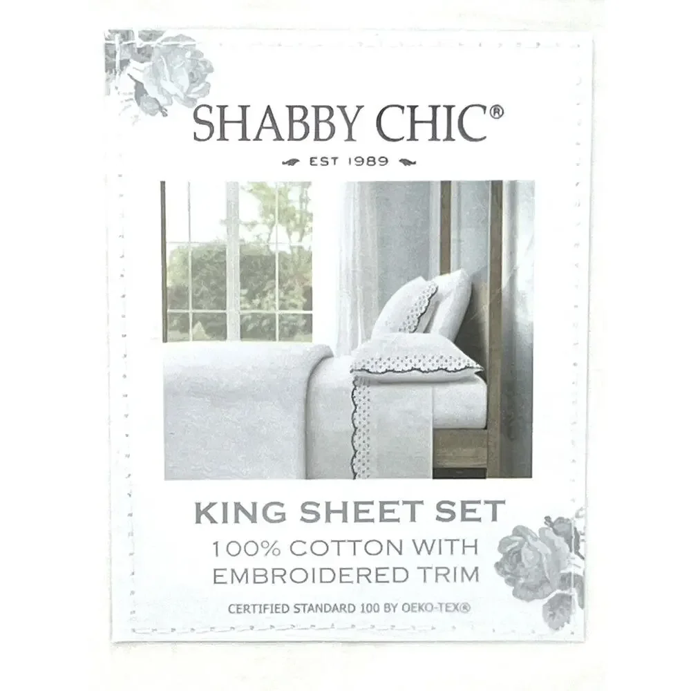 Shabby Chic Embroidered King Sheet Set Scallop Dot Navy Blue White 100% Cotton